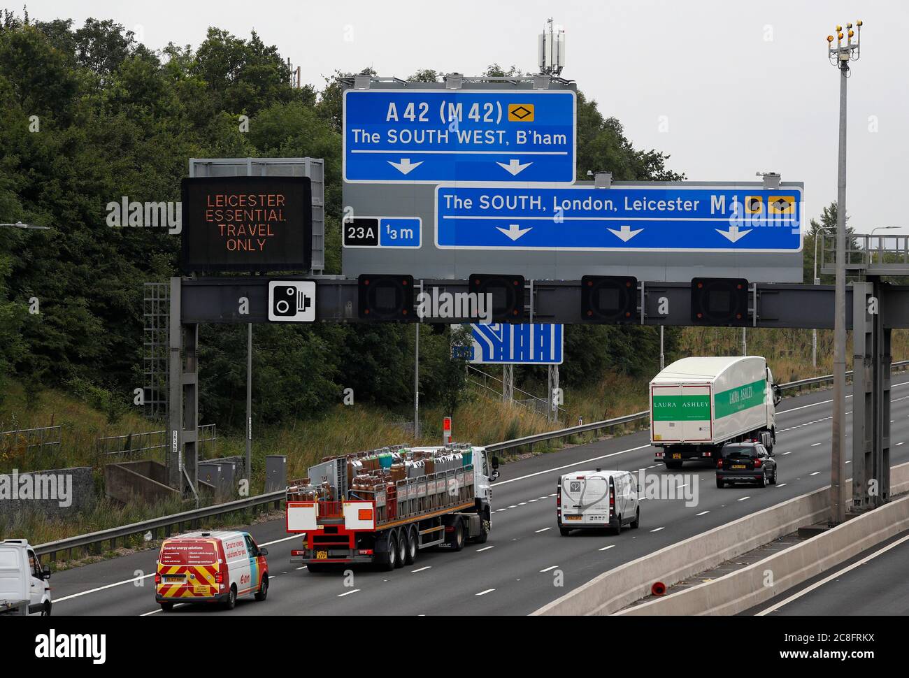 Leicester, Leicestershire, UK. 24th July 2020. Vehicles travel on the M1 Motorway towards Leicester after coronavirus local lockdown restrictions were eased. Non-essential stores can reopen in the lockdown zone despite the government saying all but essential travel in to, out of and within the city is still not allowed. Credit Darren Staples/Alamy Live News. Stock Photo