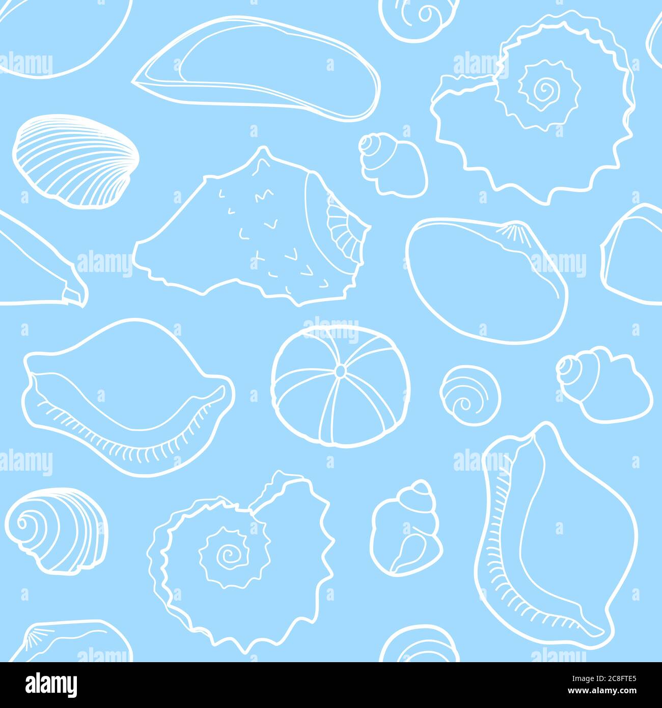 Marine seamless pattern with hand drawn shells on blue background Stock ...