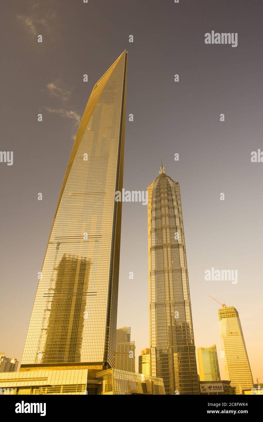 Pudong, Shanghai, China, Asia - View of the SWFC, Shanghai World Financial center at left and Jinmao Tower at right. Stock Photo