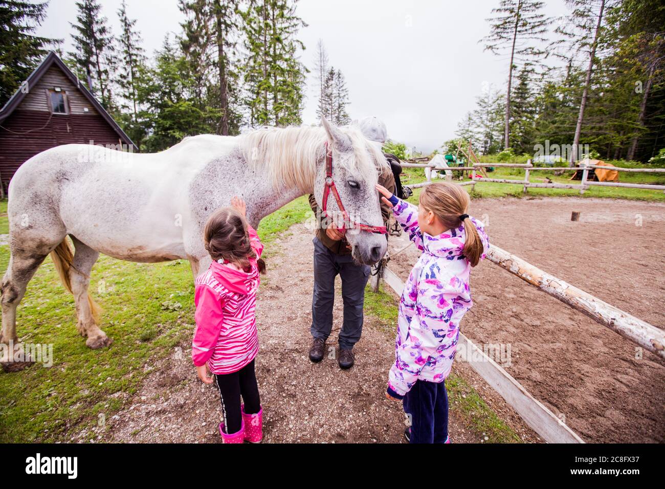 Horseback riding lesson- little girls at ranch , country landscape, daylight Stock Photo