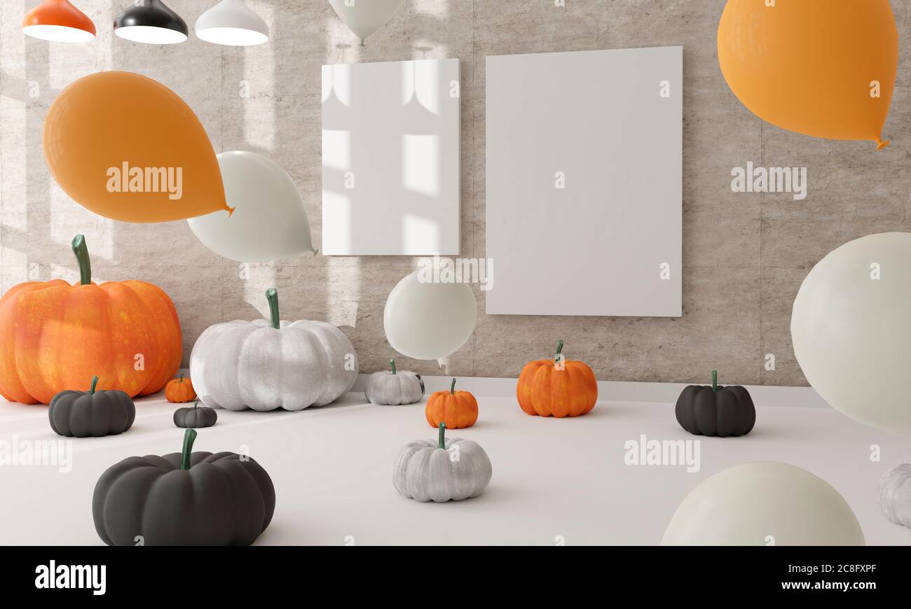 3D illustration .Canvas in a living room Halloween decoration. White and black Pumpkins . 3D rendering Stock Photo