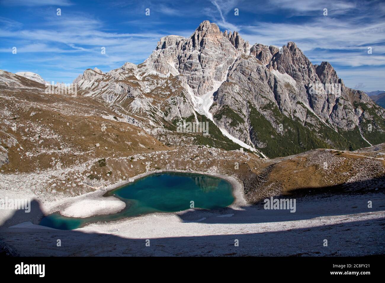 geography / travel, Italy, South Tyrol, Boedenseen with Schusterplatte, Sextener Dolomiten, Additional-Rights-Clearance-Info-Not-Available Stock Photo