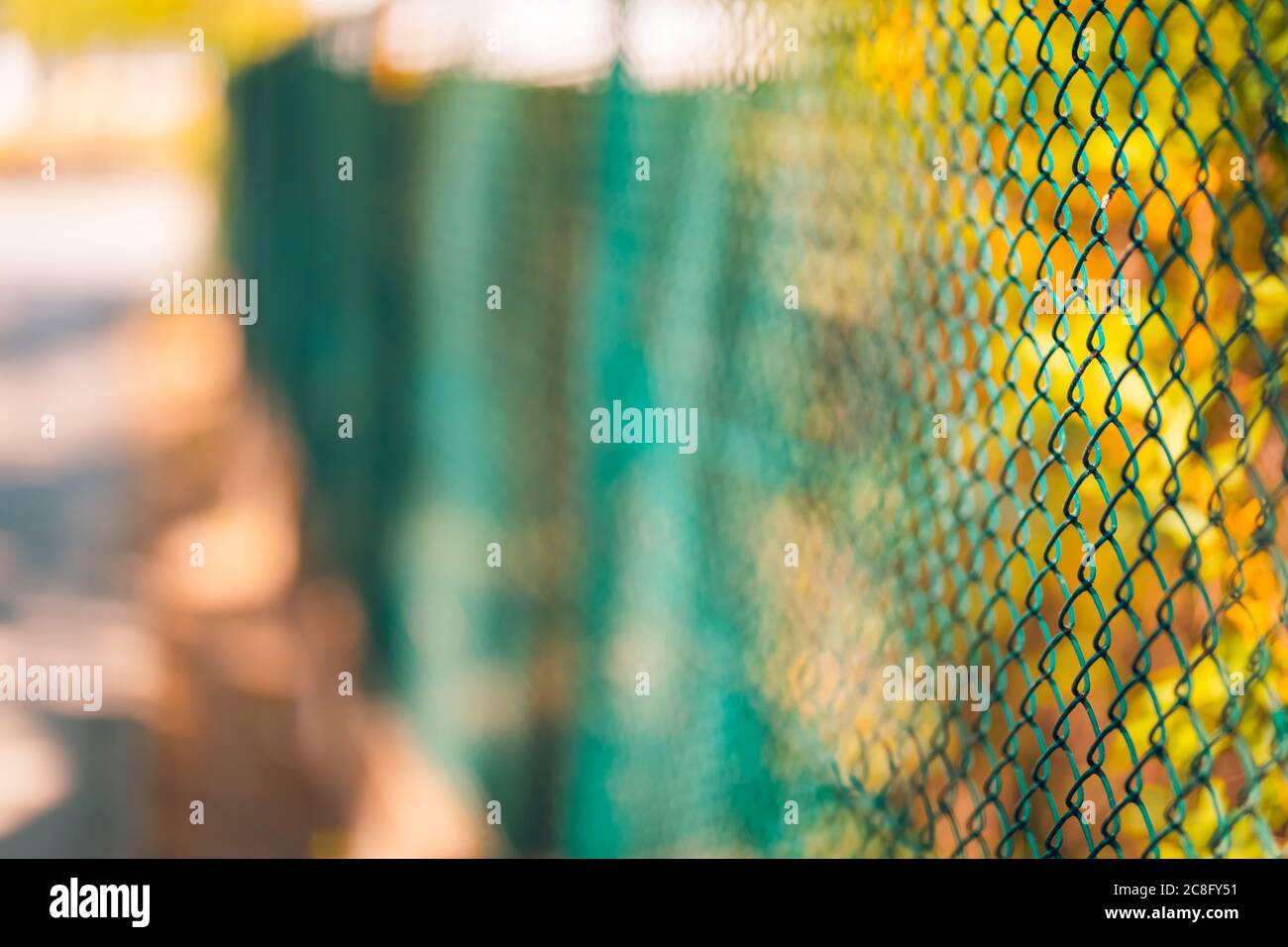 Chicken wire fence with short depth of field. Fence with metal grid in perspective Stock Photo