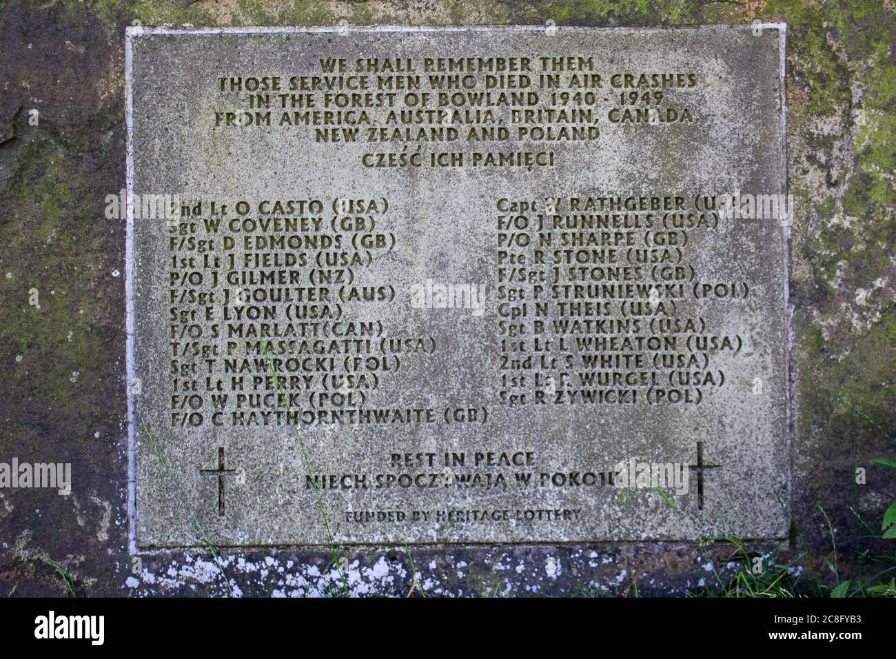 Memorial stone at the Trough of Bowland, Service men who Died in aircraft crashes in the Forest of Bowland 1940-1949 Stock Photo