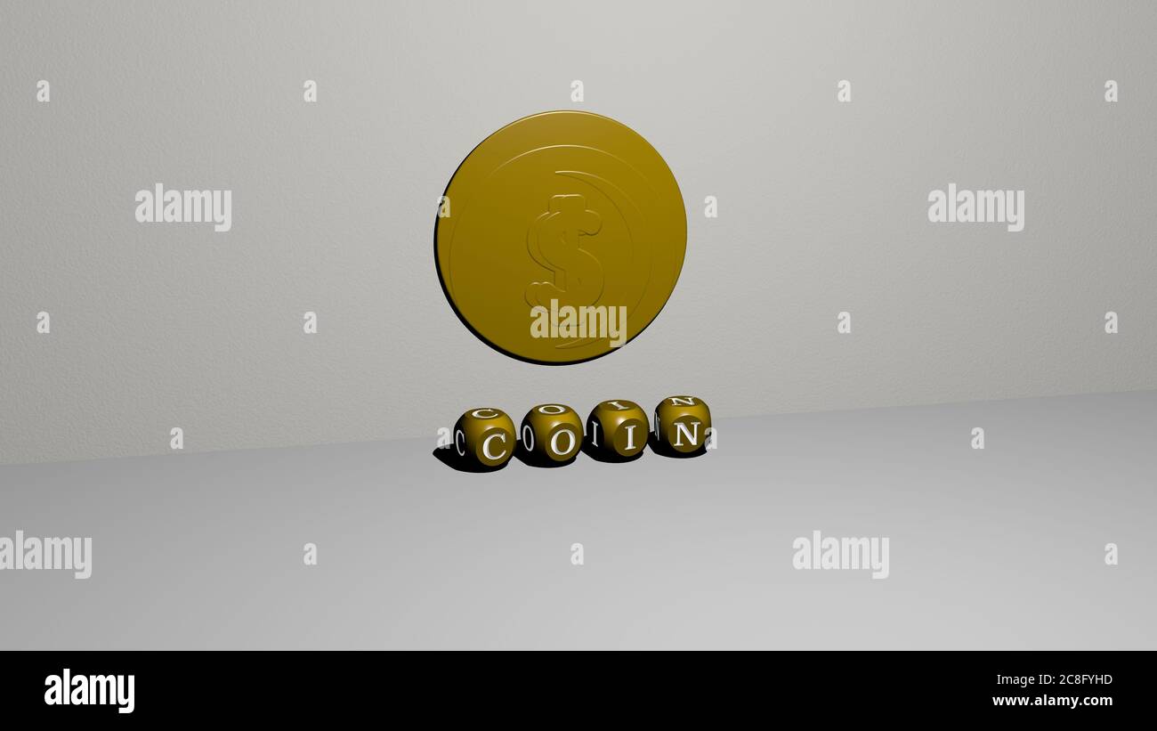 Cubic Coin 3D graphical image of COIN vertically along with text built by metallic ...