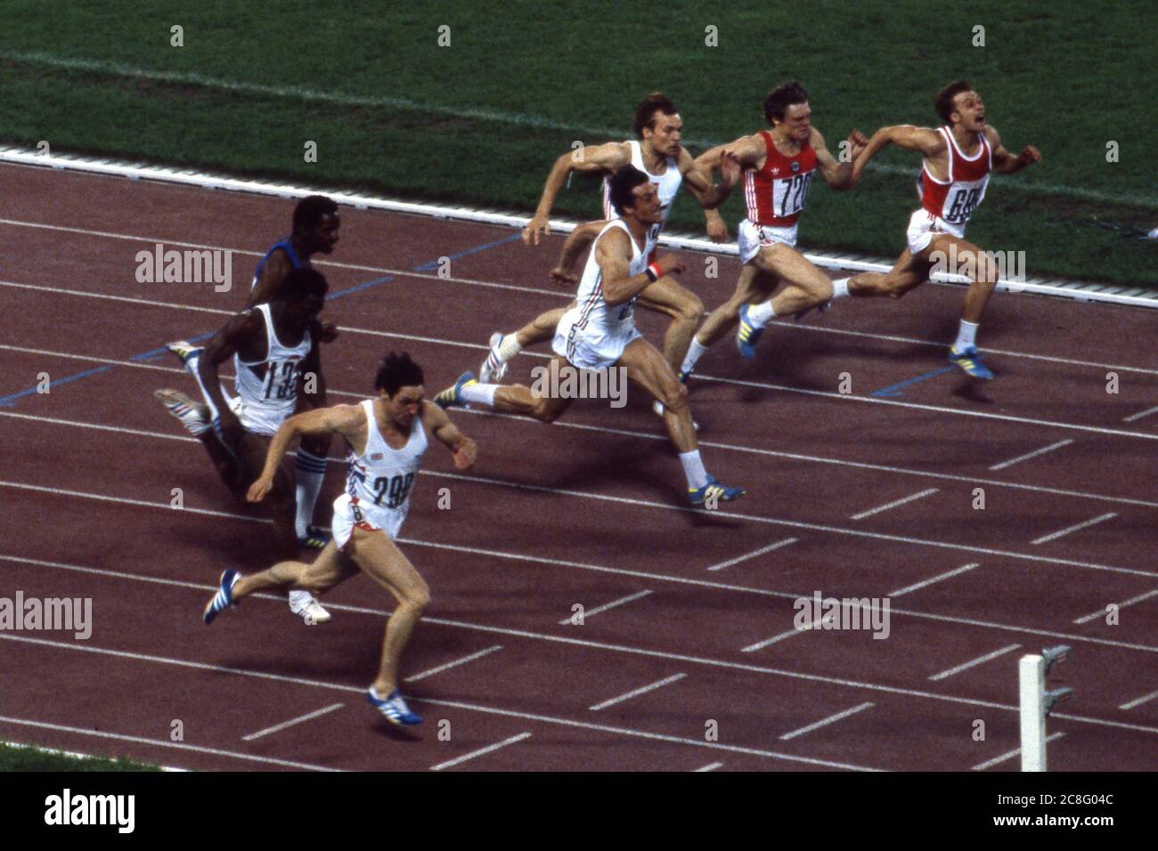 Moscow, Sowjetunion. 20th July, 2020. Alan WELLS GBR, (3rd left to right) wins the men's 100m sprint, Olympic champion, winner, winner, finish, athletics, ahead of Silvio LEONARD CUB and Petar PETROW BUL, action, 1980 Summer Olympics in Moscow, XXII. Summer Olympics, | usage worldwide Credit: dpa/Alamy Live News Stock Photo