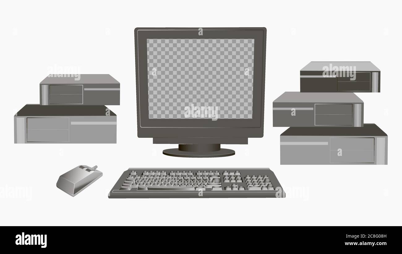 Old personal computer. Retro gadget classic monitor with an outdated mouse and system. Stock Vector
