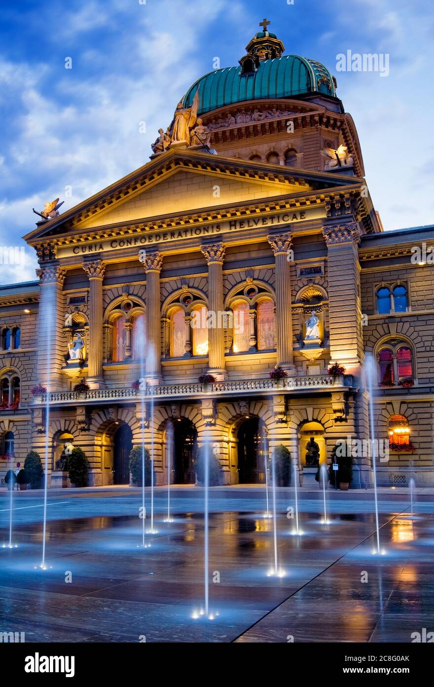 geography / travel, Switzerland, Evening lighting accentuates the Swiss Parliment building in Bern Old Town, No-Tourism-Advertising-Use Stock Photo
