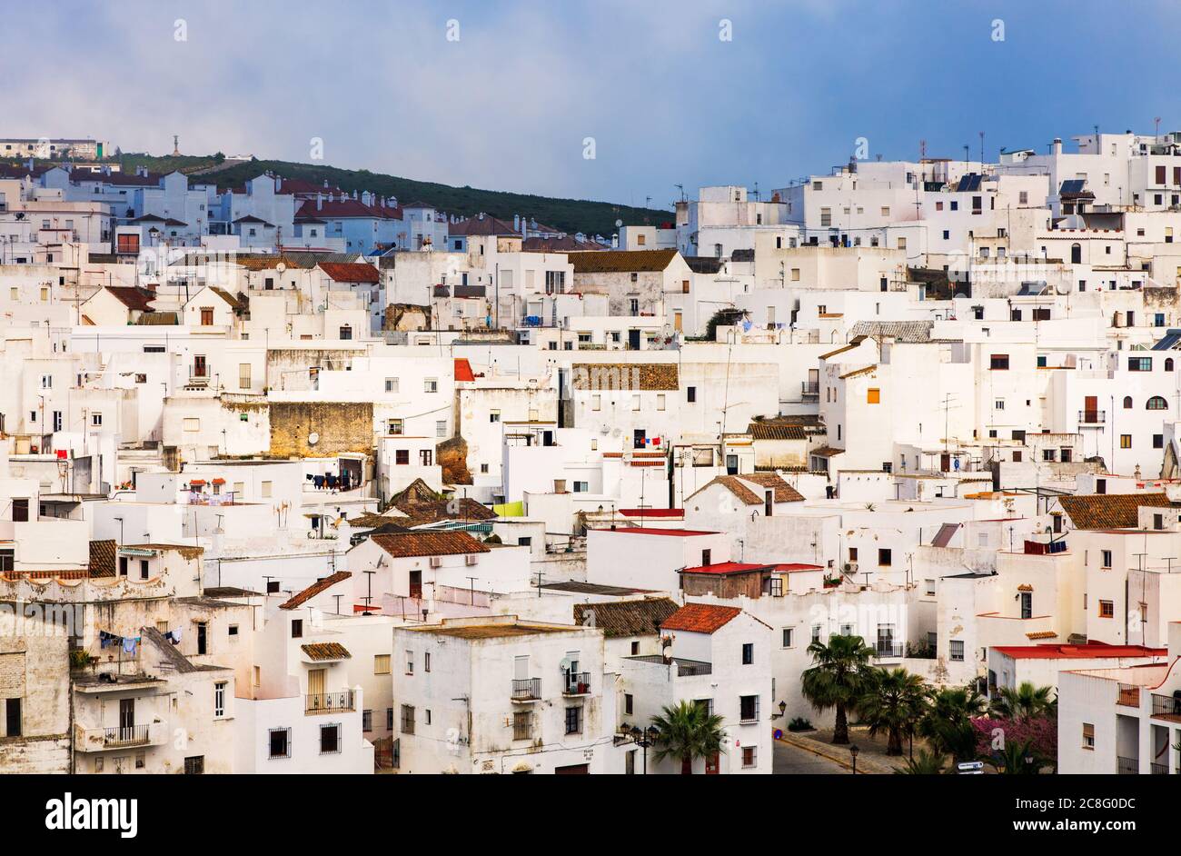 geography / travel, Spain, Misty conditions over the whitewashed village of Vejer de la Frontera create an interesting col, No-Tourism-Advertising-Use Stock Photo
