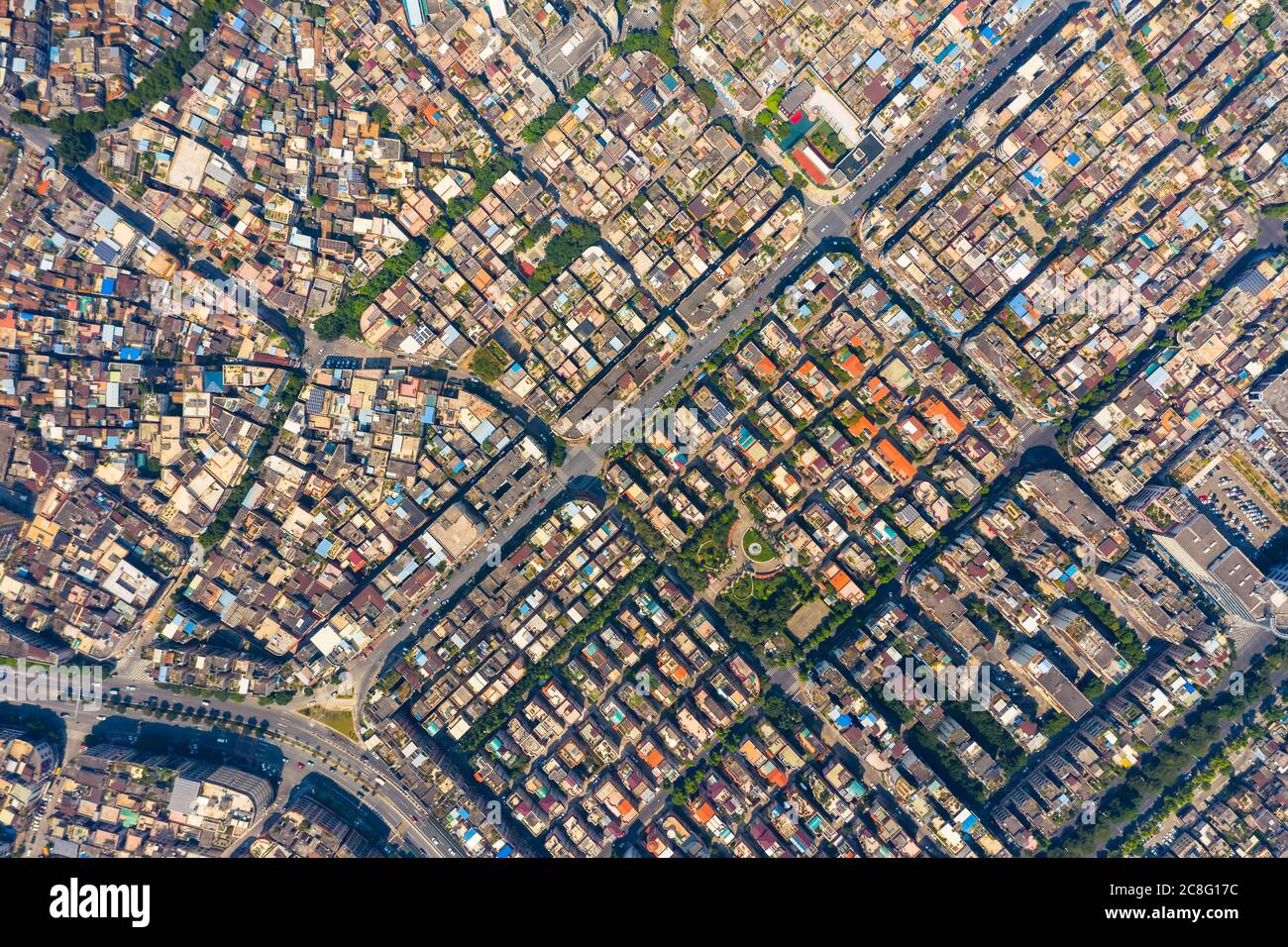 City Top View of Skyscrapers Building  of Shunde city China by drone - Aerial view cityscape flying above City of residential area.Shunde District, Fo Stock Photo