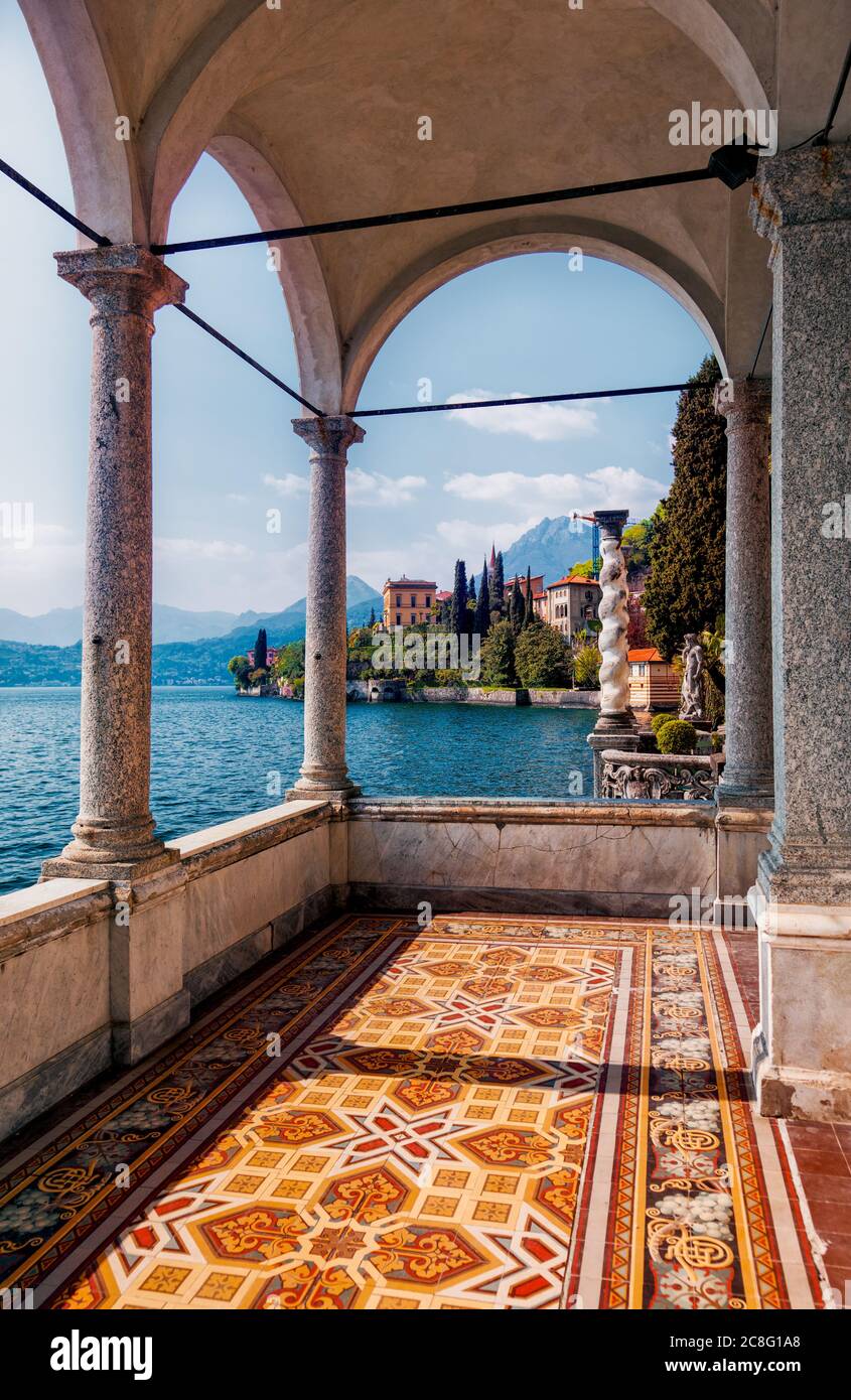 geography / travel, Italy, The veranda of an old villa has fabulous views of Lake Como and surrounding villages, No-Tourism-Advertising-Use Stock Photo