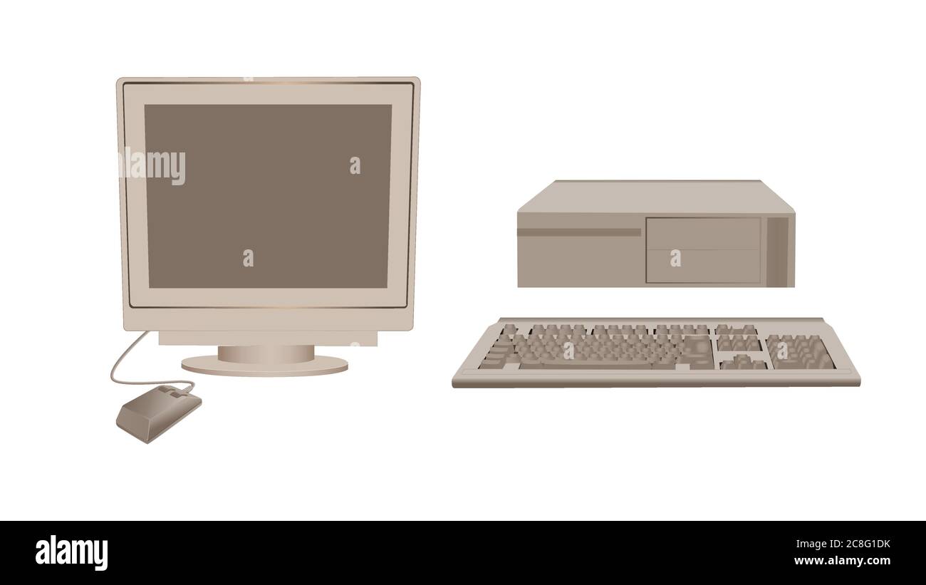 Retro personal computer. An old coffee colored gadget classic monitor with an outdated mouse. Stock Vector