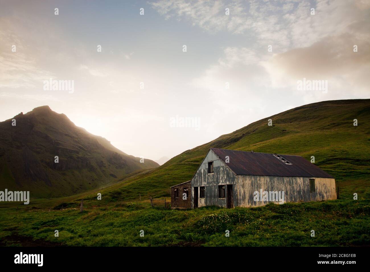 geography / travel, Iceland, South Iceland, An old farm house rests peacefully in a magical valley in Skoga on the Southco, No-Tourism-Advertising-Use Stock Photo