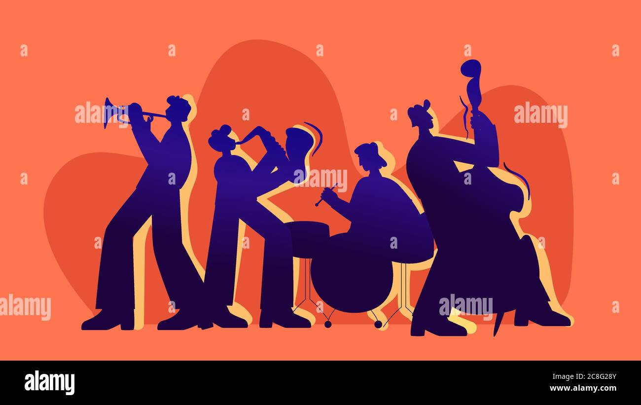 Musicians playing jazz illustration. Group of characters perform jazz music on saxophones. Stock Vector