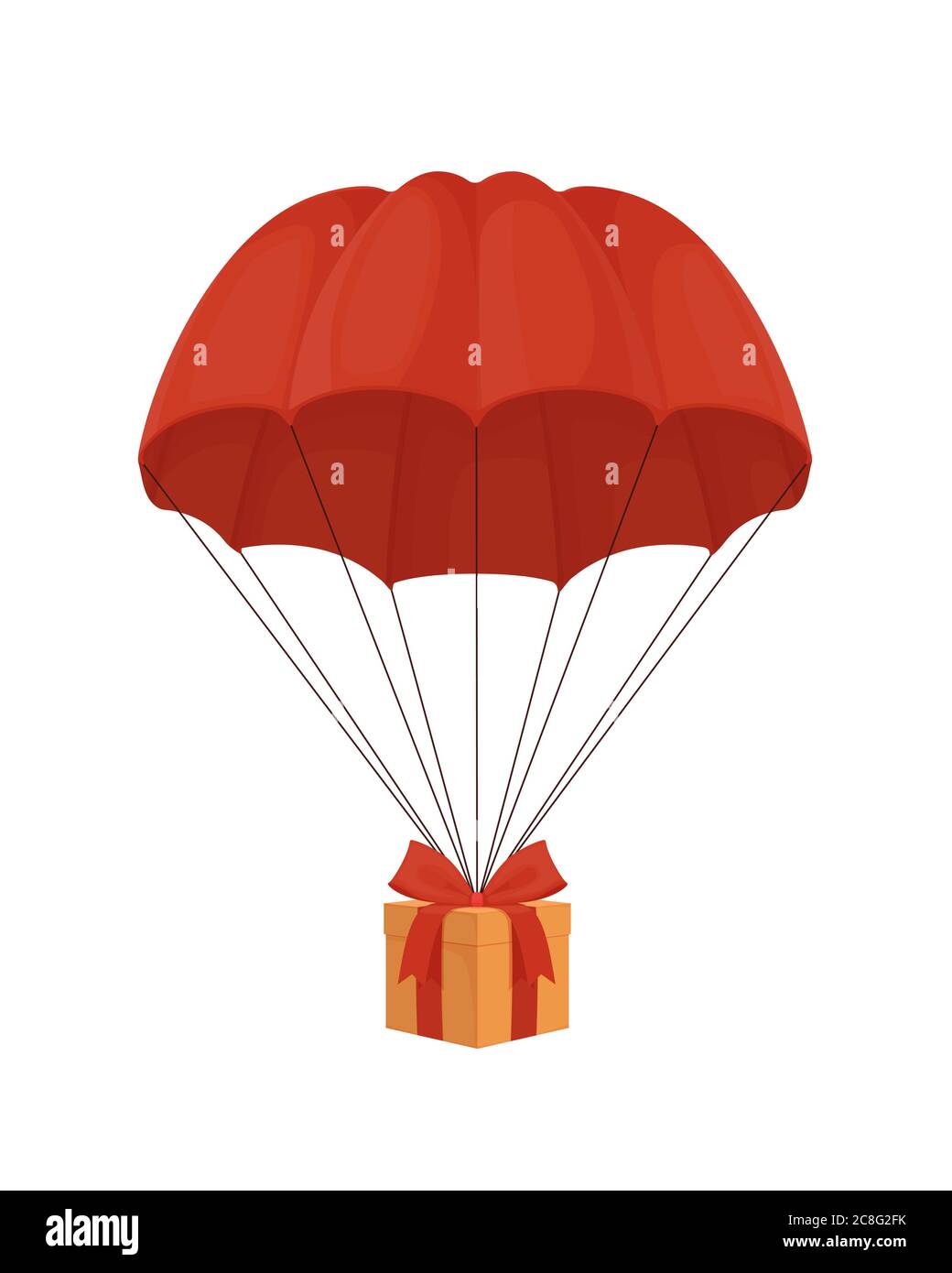 Gift box on a parachute. Surprise with red ribbon descends from sky under an elegant dome. Stock Vector