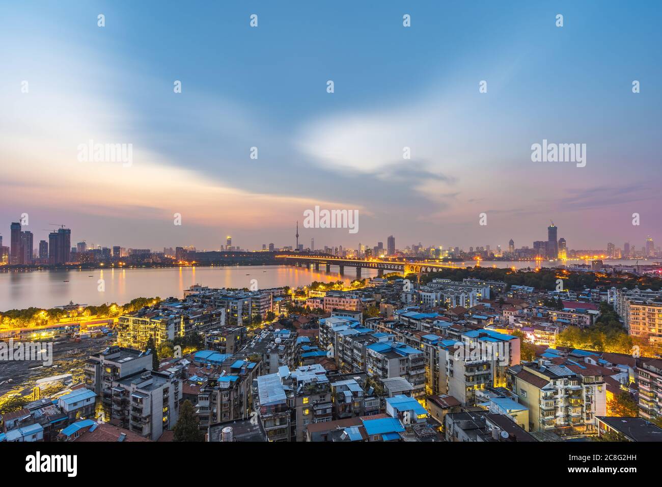 Aerial view of  Wuhan city .Panoramic skyline and buildings beside yangtze river. Stock Photo