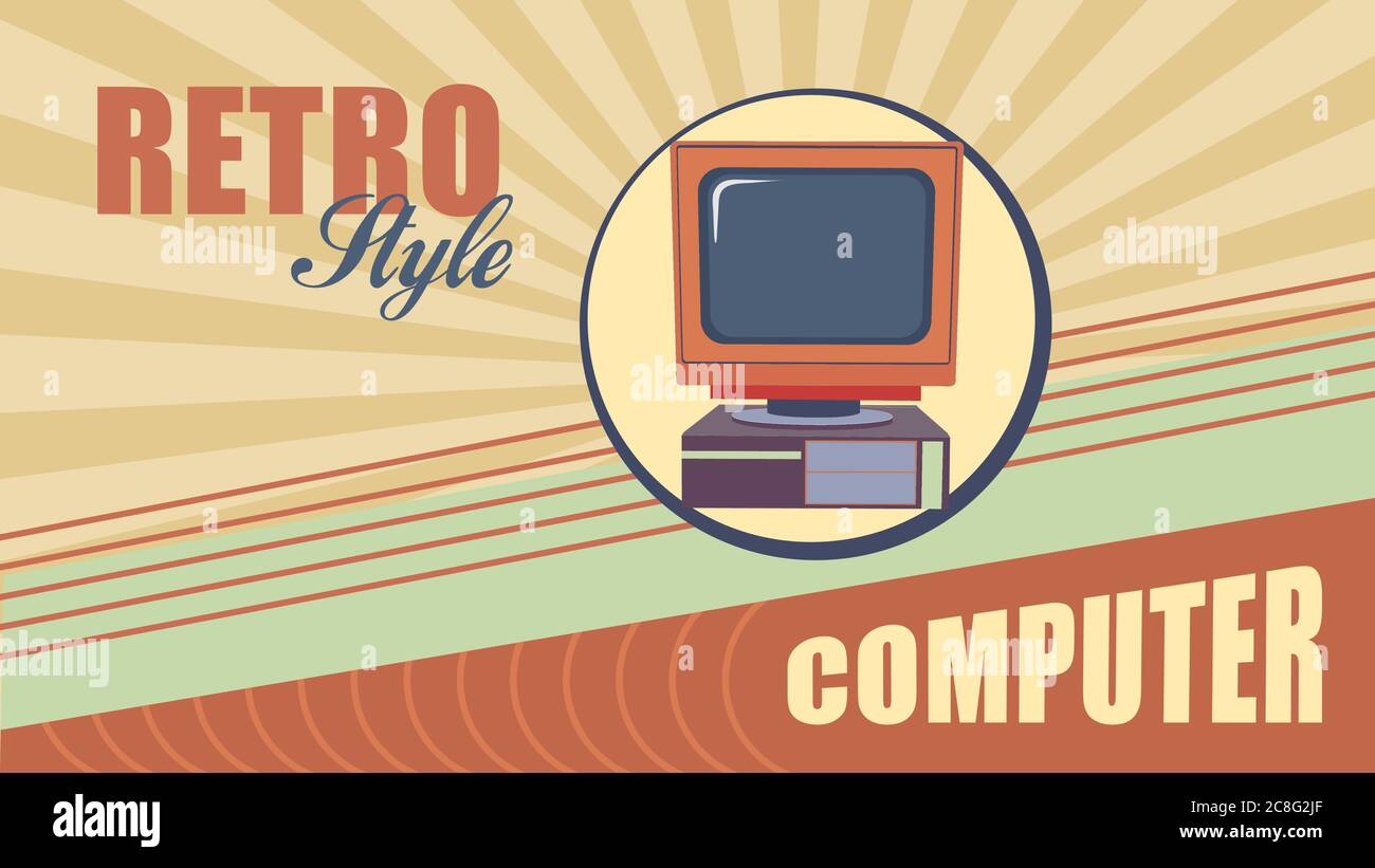 Vintage personal computer. An old colored pc in retro style monitor. Stock Vector