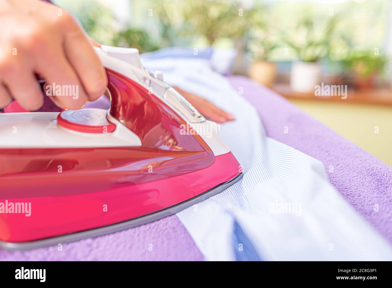 Woman ironing with iron. Stock Photo