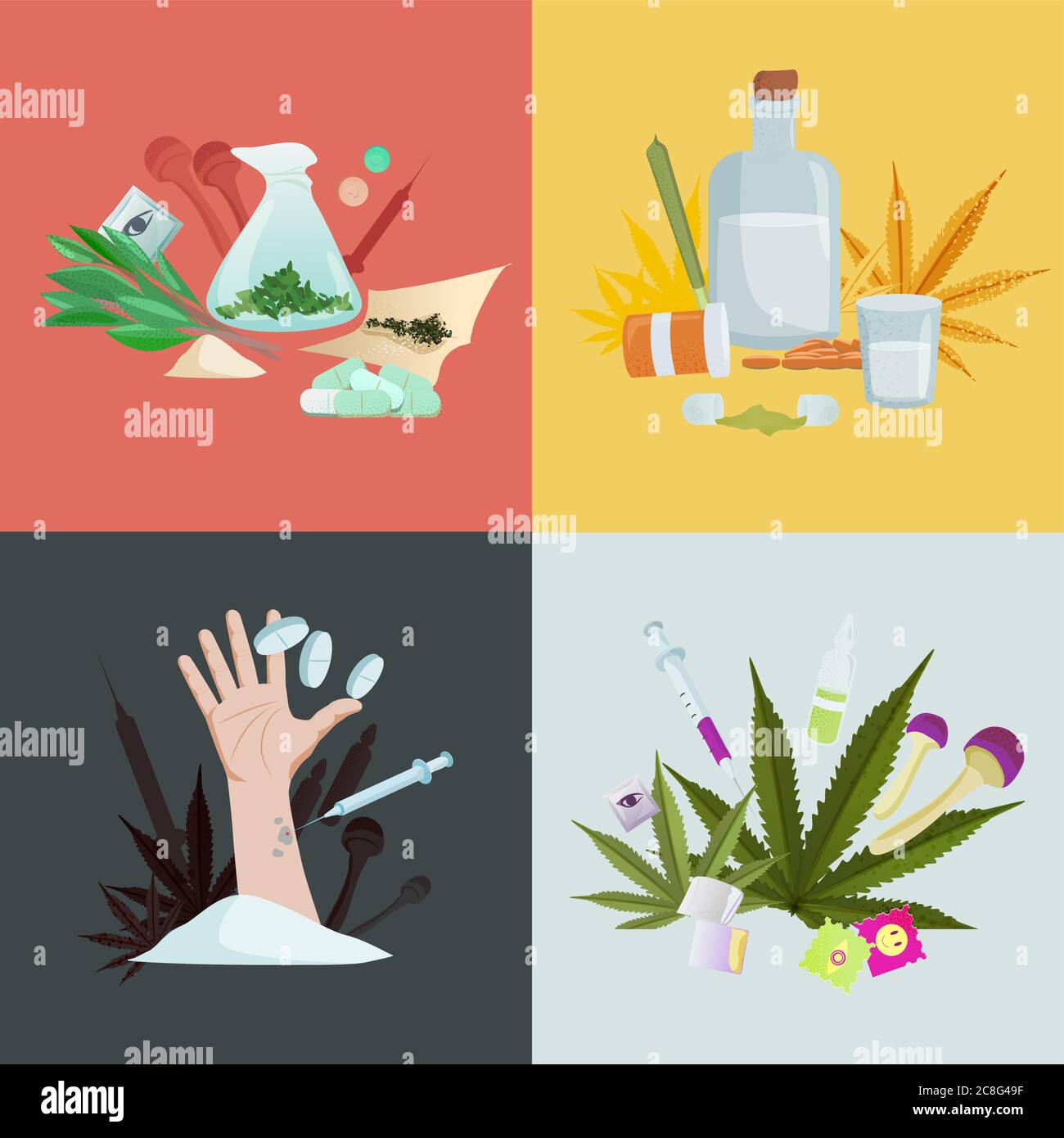 Drug addiction illustration set. Ready to use organic drugs mescaline extract bunch of salvia leaves. Stock Vector