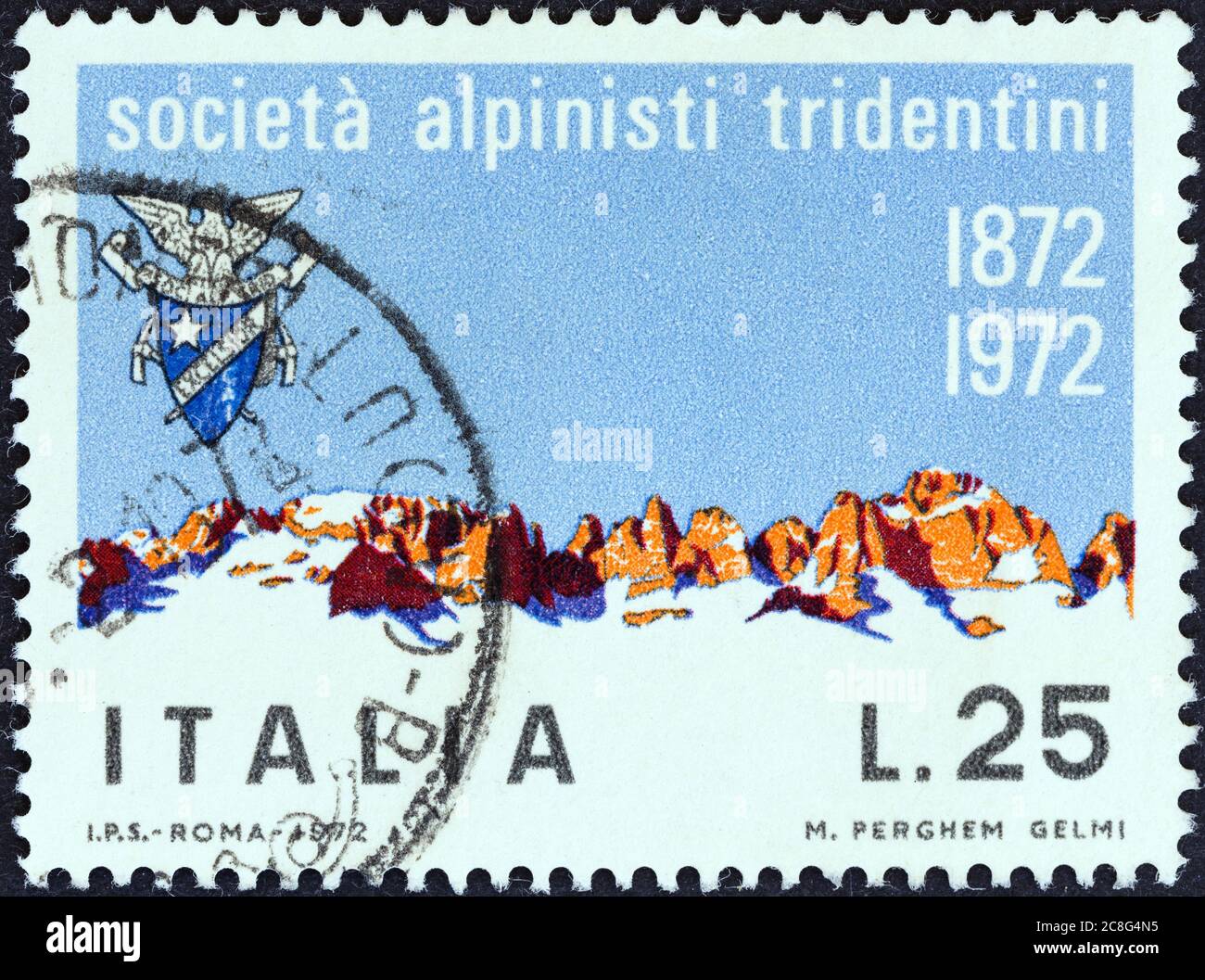 ITALY - CIRCA 1972: A stamp printed in Italy from the issued for the Centenary of Tridentine Alpinists Society shows Brenta Mountains, circa 1972. Stock Photo