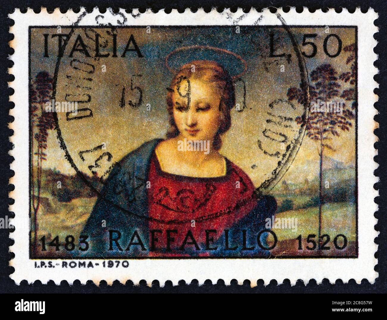 ITALY - CIRCA 1970: A stamp printed in Italy issued for the 450th death anniversary of Raphael shows Madonna of the Goldfinch, circa 1970. Stock Photo