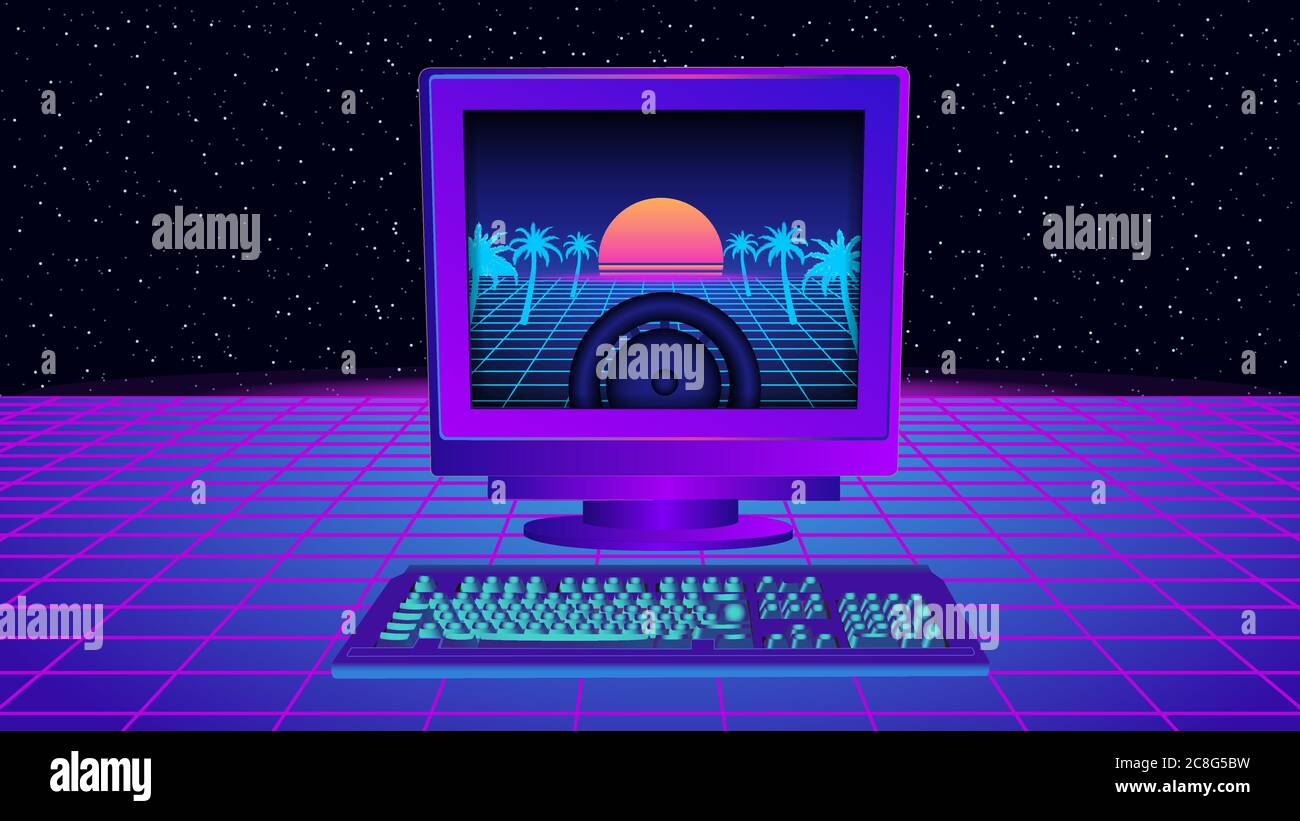 Vaporwave computer. Retro pc on synthwave classic monitor and retrowave  mesh Stock Vector Image & Art - Alamy