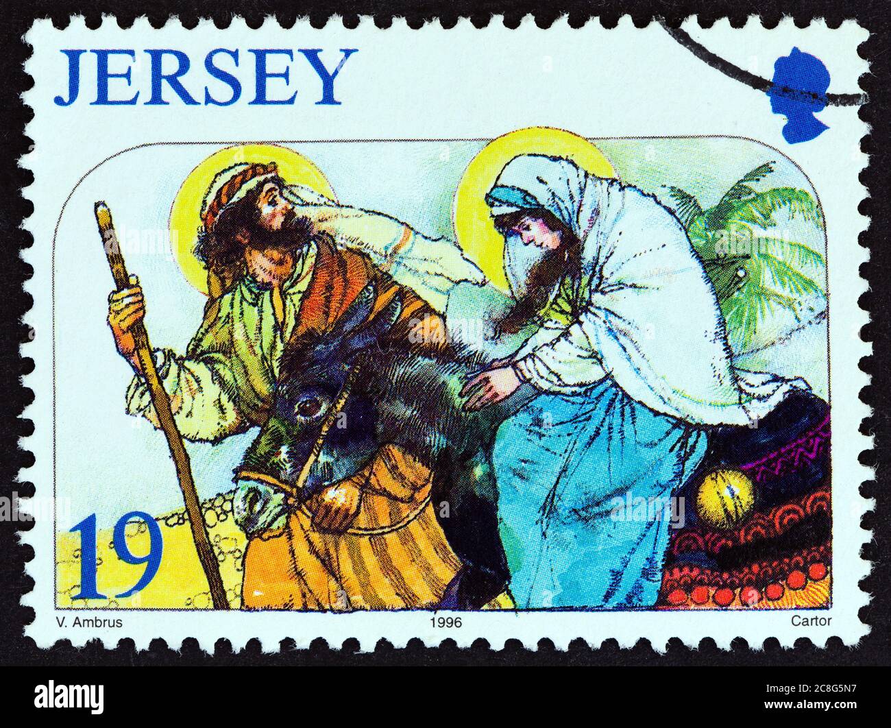 JERSEY - CIRCA 1996: A stamp printed in United Kingdom from the "Christmas" issue shows The Journey to Bethlehem, circa 1996. Stock Photo
