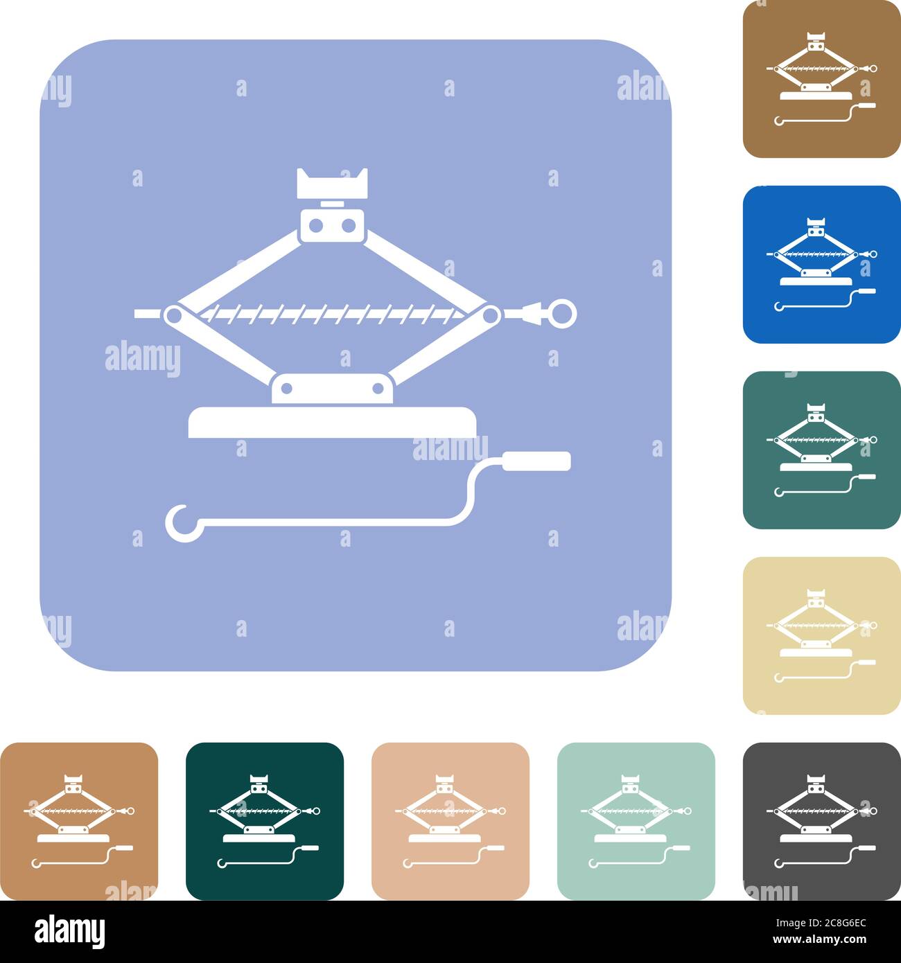 Car jack with crank white flat icons on color rounded square ...