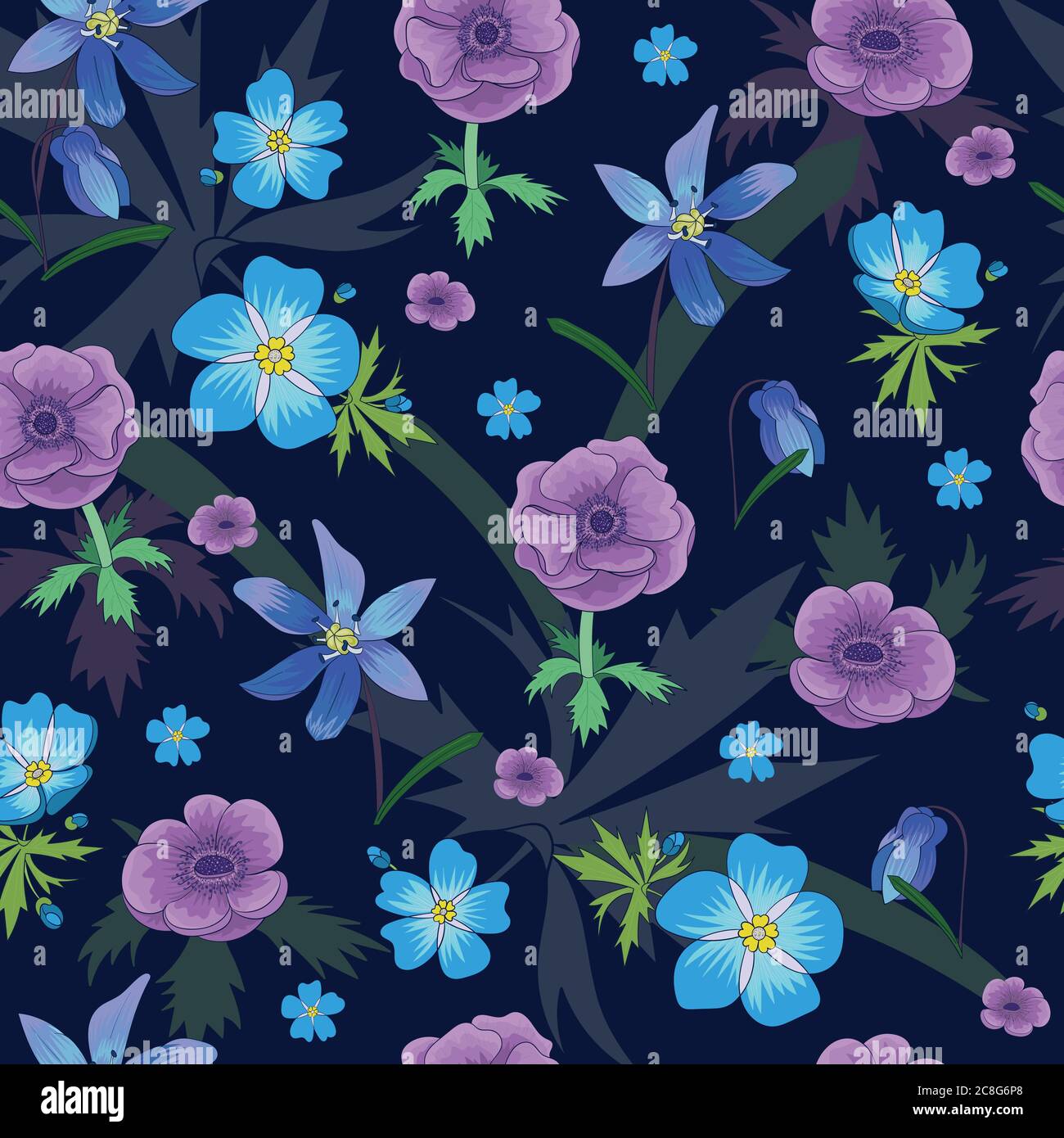Seamless floral pattern with of anemones, scilla, forget-me-not on dark background. Vector illustration Stock Vector