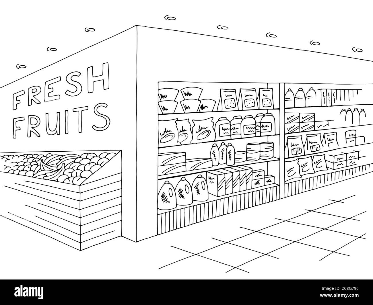 Grocery store shop interior black white graphic sketch illustration vector Stock Vector