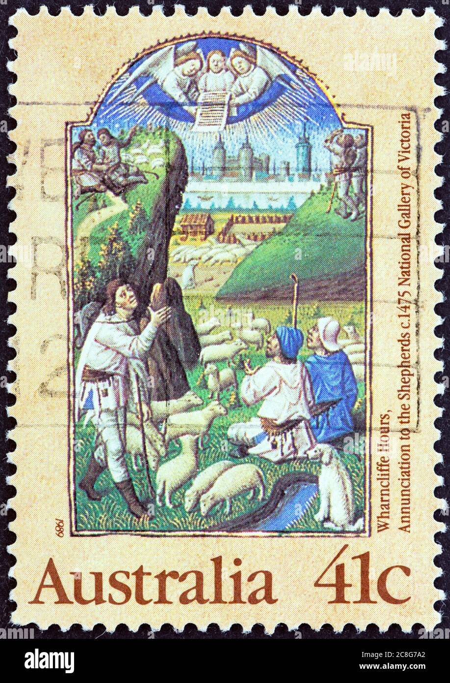 AUSTRALIA - CIRCA 1989: A stamp printed in Australia shows Annunciation to the Shepherds (Wharncliffe Book of Hours, c. 1475). Stock Photo