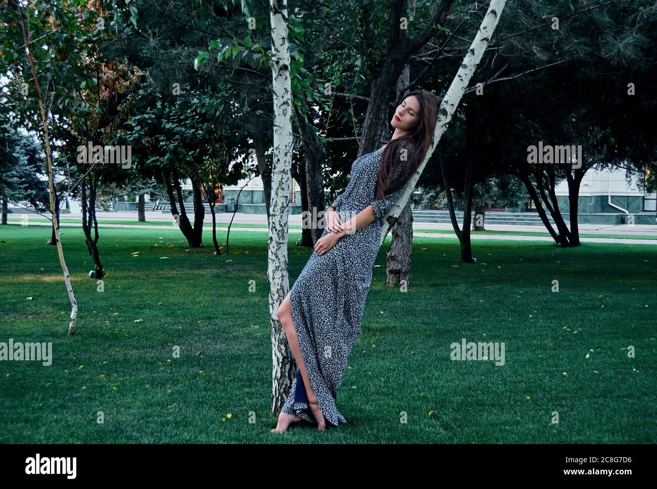 Portrait of woman with long brown hair, wearing long dress, leaning against tree in park. Stock Photo