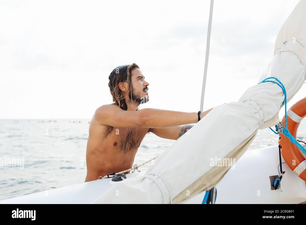 Man preparing sailboat Stock Photo