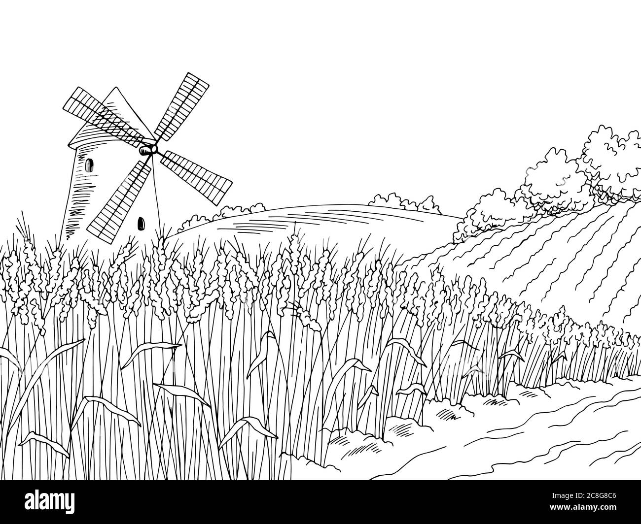 Wheat field graphic black white landscape sketch illustration vector Stock Vector
