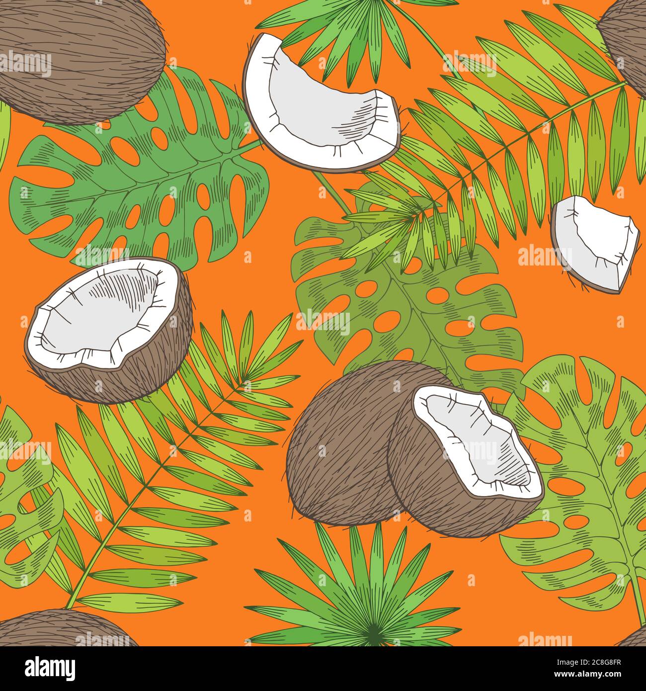 Coconut palm leaf graphic color seamless pattern sketch illustration vector Stock Vector