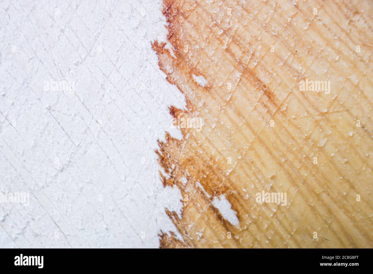 Brown stain spill on white surfacem abstract. Extreme close up. Stock Photo