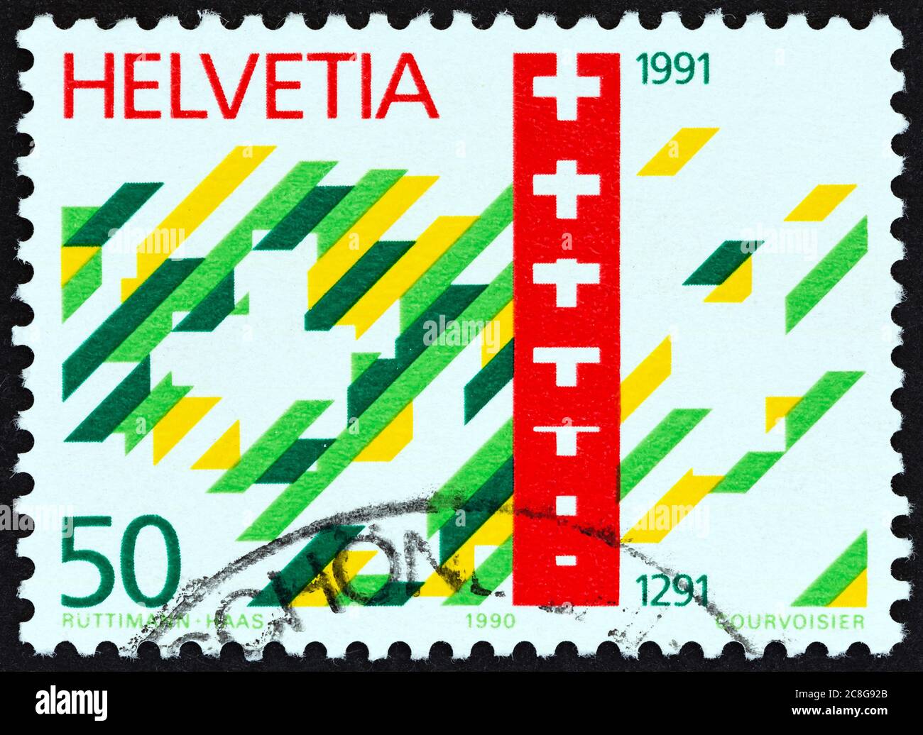 SWITZERLAND - CIRCA 1990: A stamp printed in Switzerland from the '700th anniversary of Swiss Confederation' issue shows anniversary emblem and cross. Stock Photo