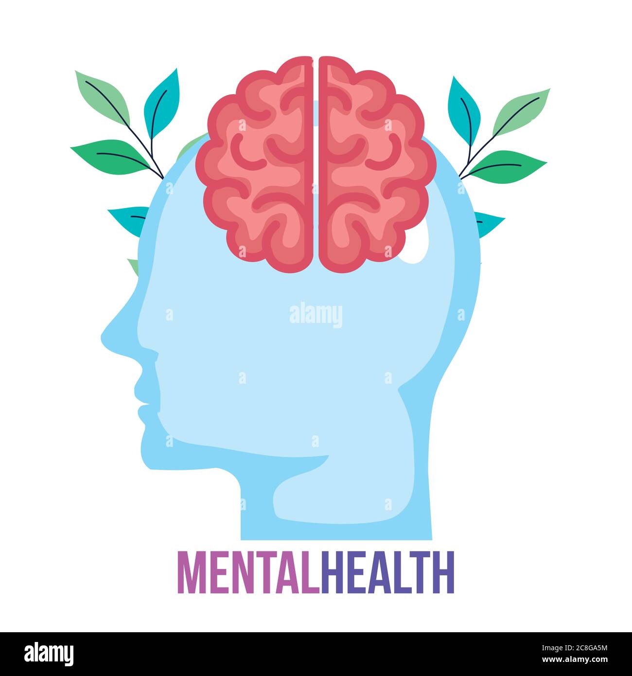 mental health concept, profile head with brain, and leaves Stock Vector ...