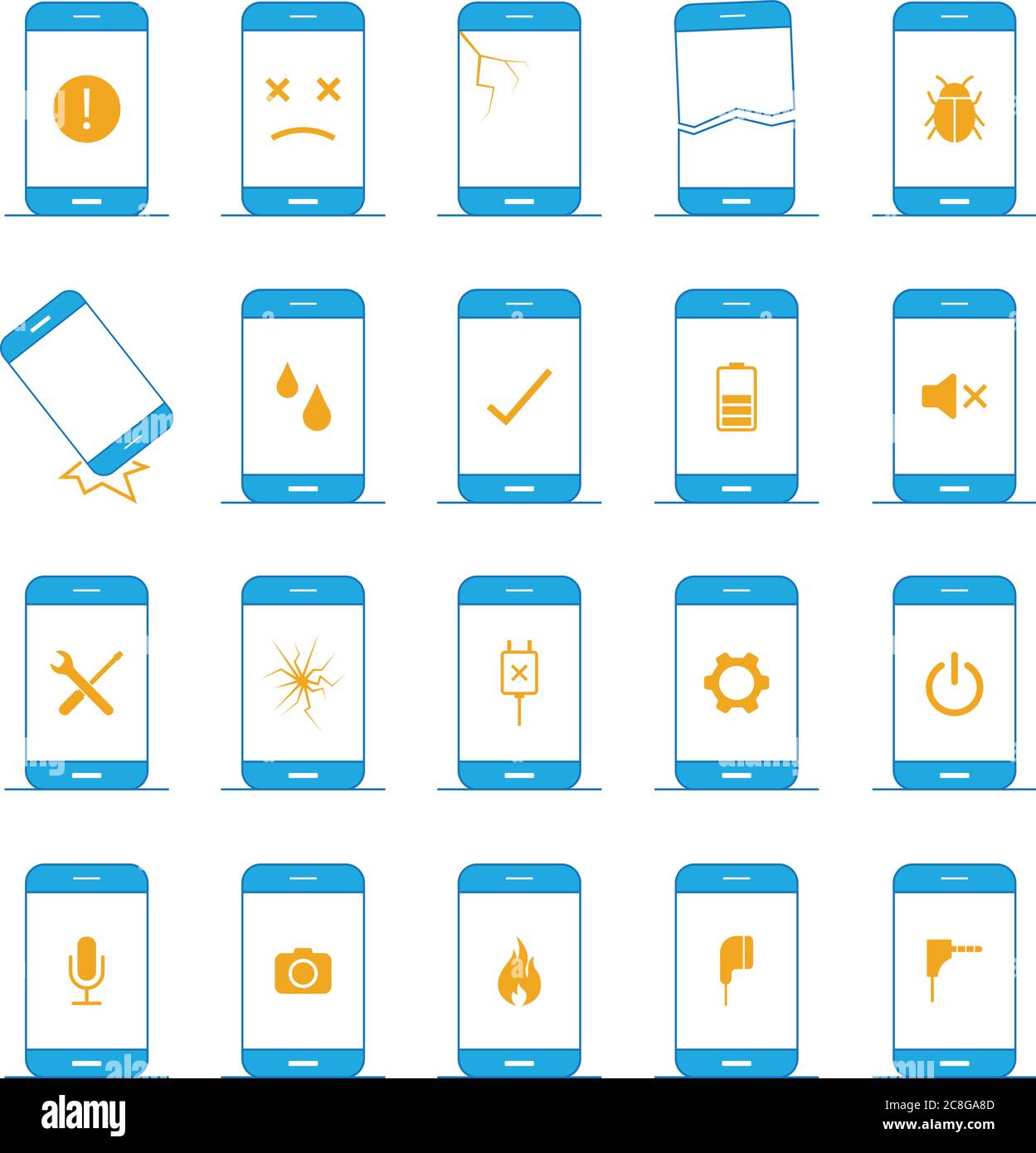 Cell phone repair icons. A collection of broken or damaged cell phone icons including ear