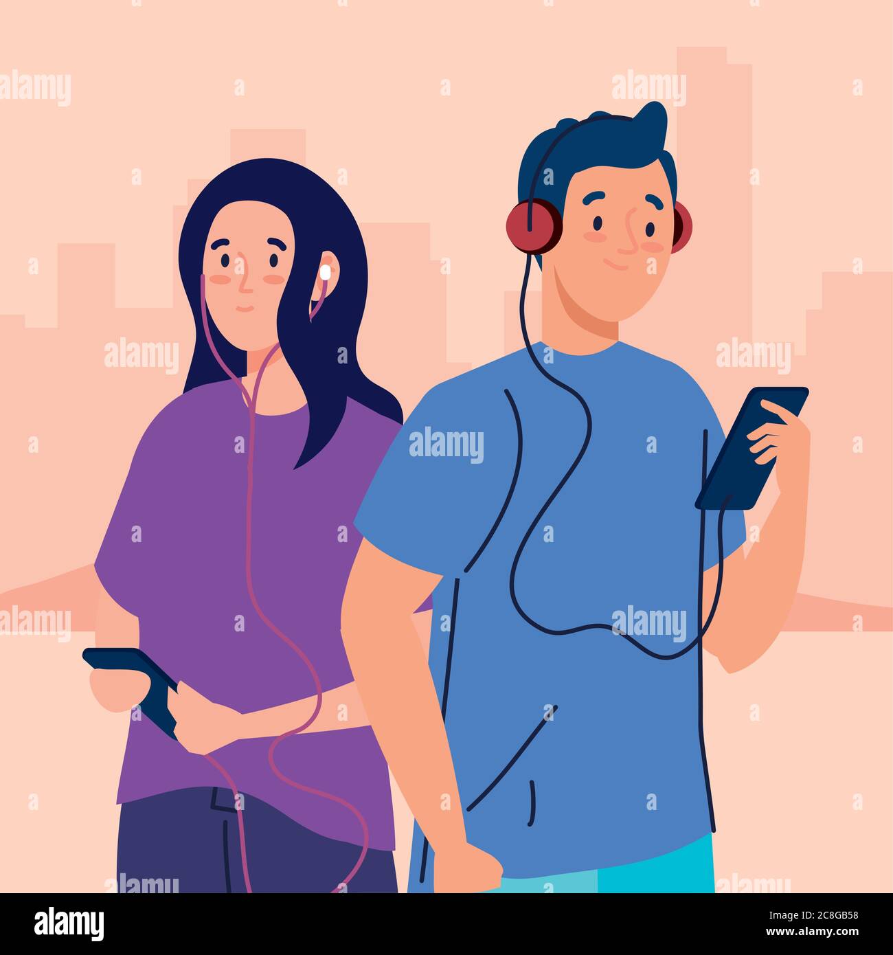 young couple using headphones and smartphones outdoor Stock Vector