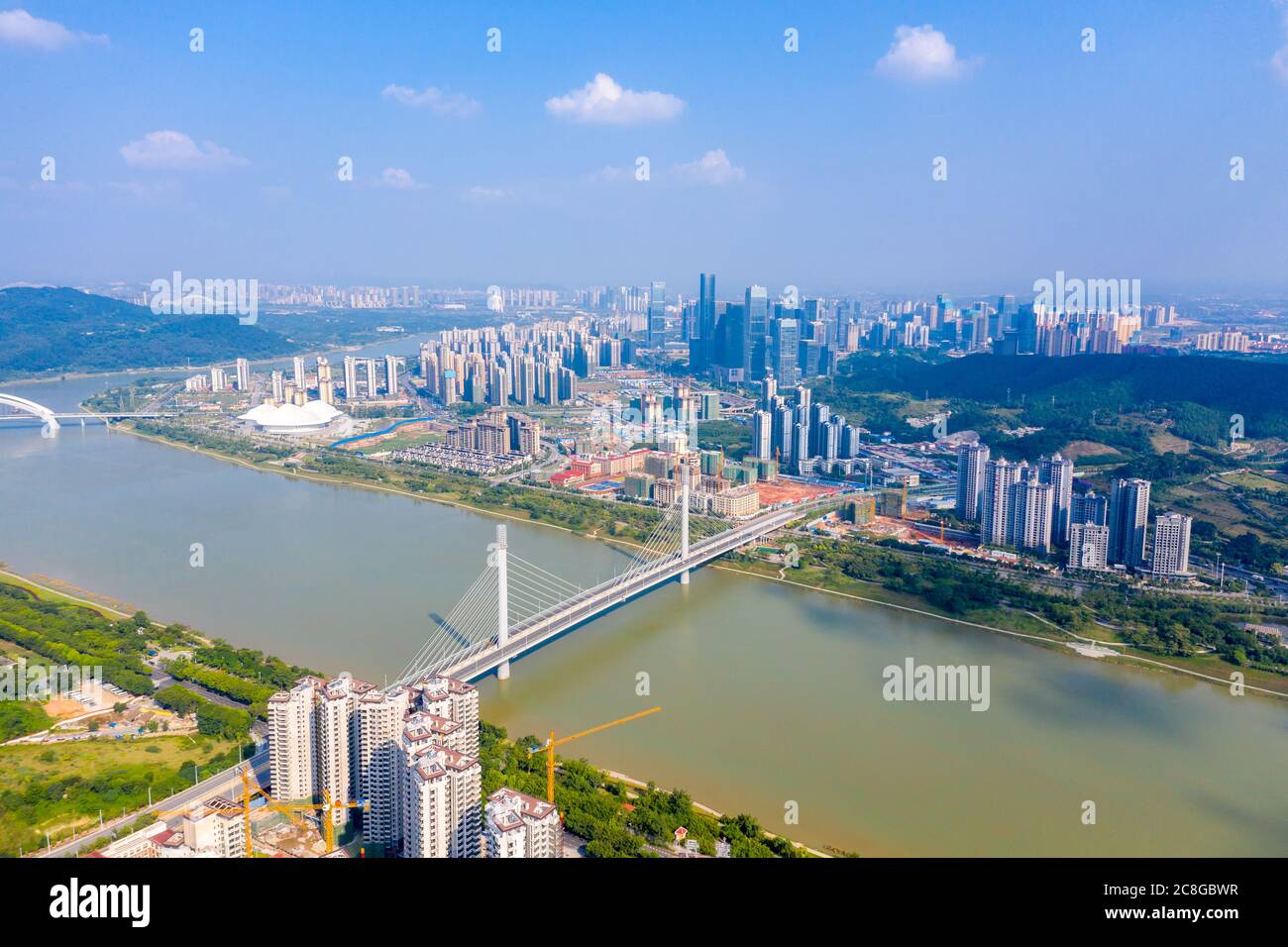 Aerial view of  Nanning city GuangXi province,china .Panoramic skyline and buildings beside Yongjiang river. Stock Photo