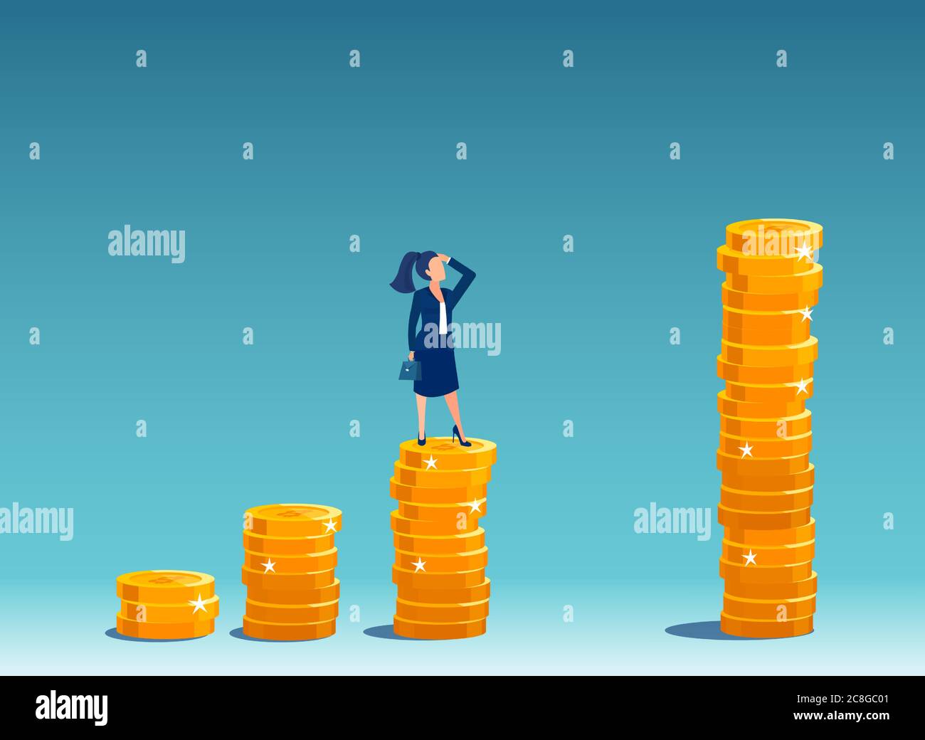 Vector of a businesswoman standing on a growing up stack of coins thinking how to  achieve top financial goals Stock Vector