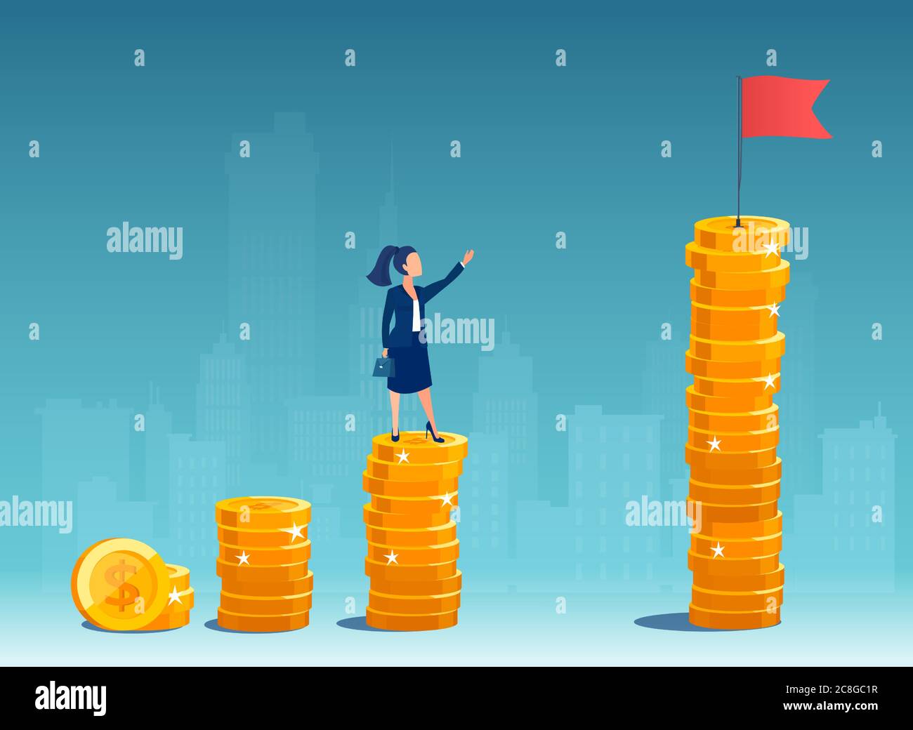 Vector of a businesswoman standing on a growing up stack of coins thinking how to  achieve top financial goals Stock Vector