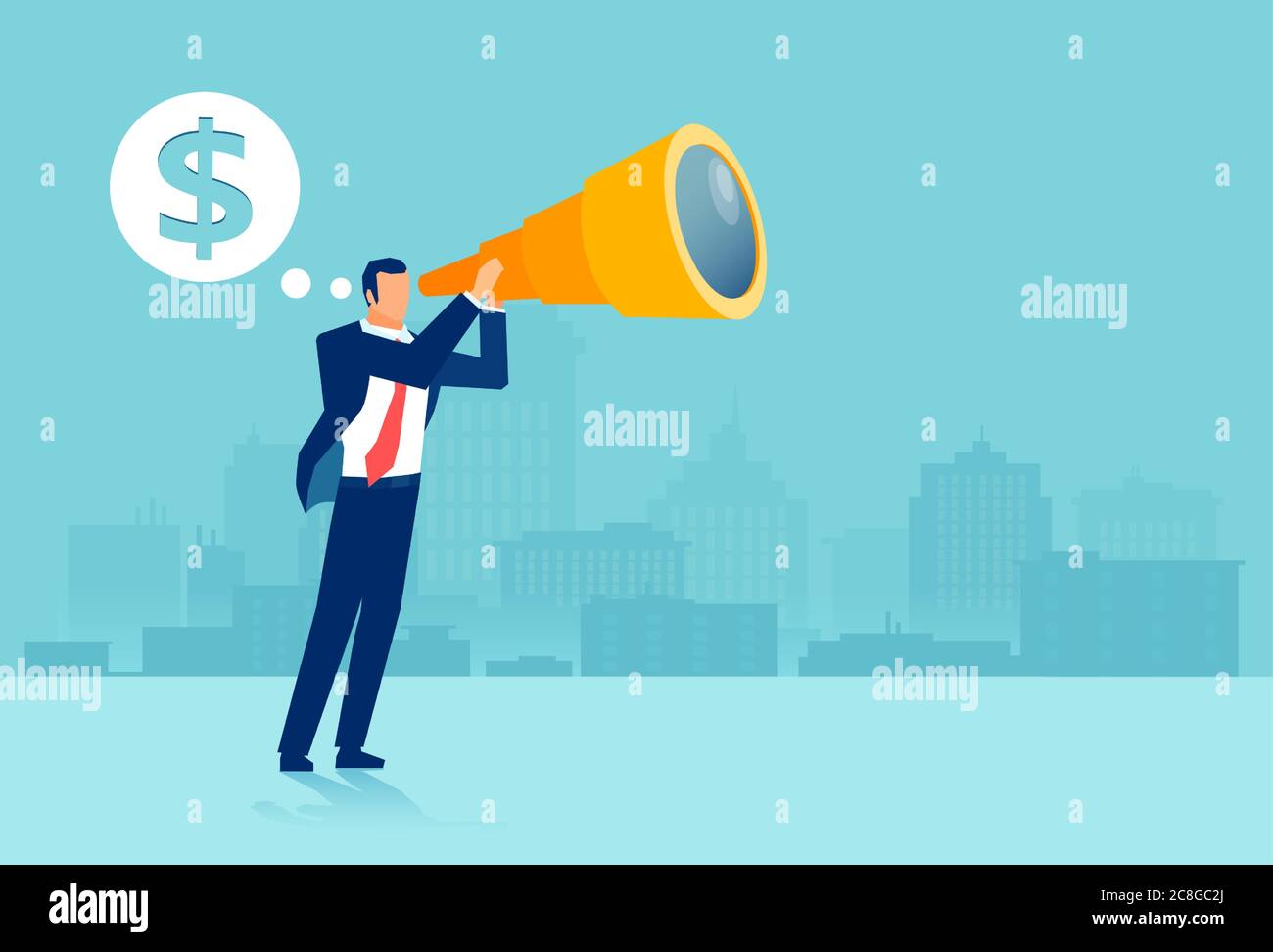 Vector of a businessman using binoculars looking into future thinking of big money Stock Vector