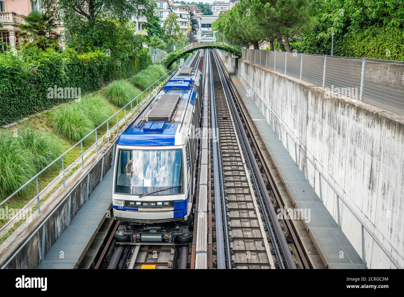 Lausanne Switzerland , 25 June 2020 : Top view of Lausanne Metro train on M2 line an urban rail transport system in Lausanne Vaud Switzerland Stock Photo