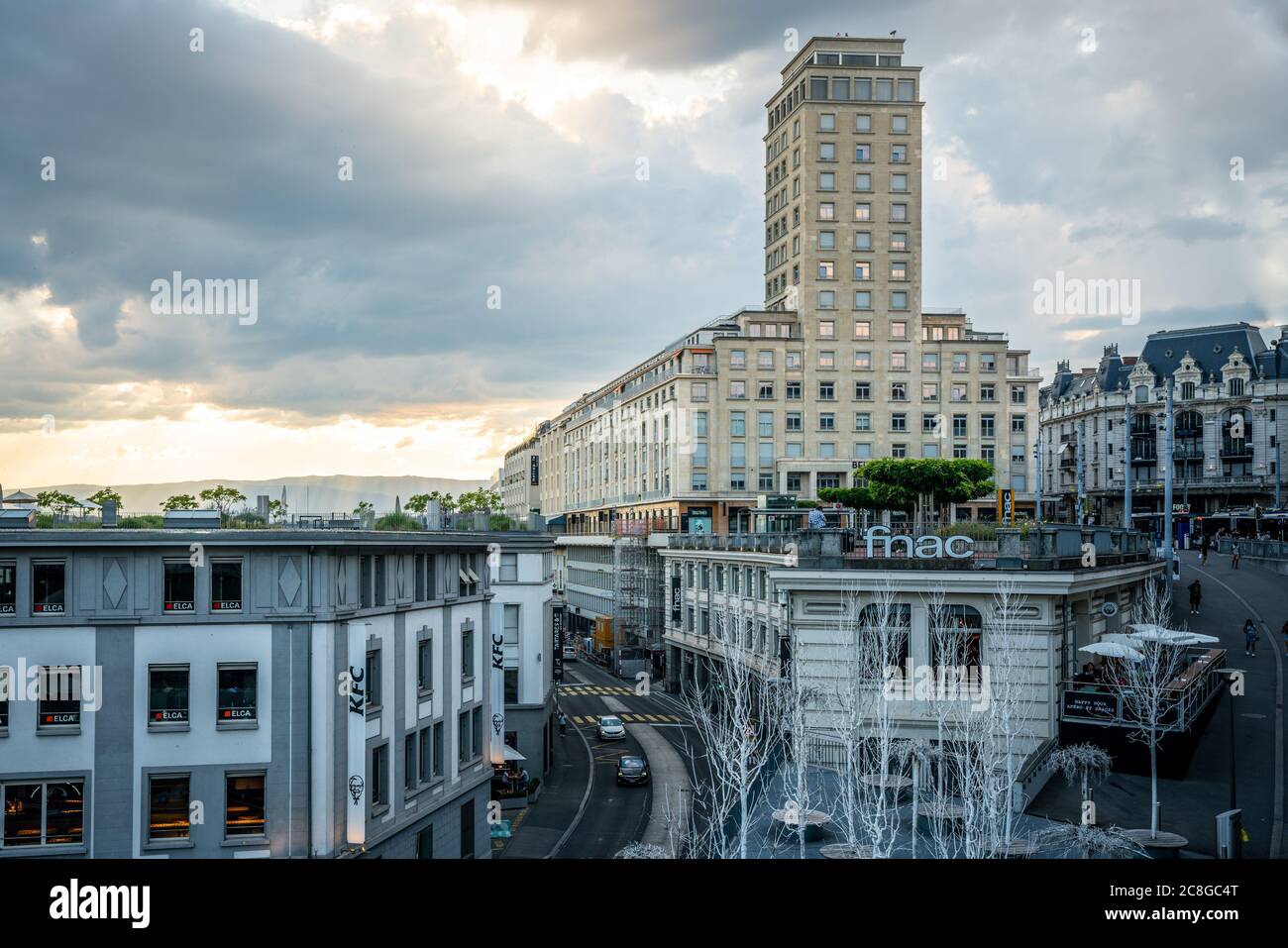 Lausanne Switzerland , 25 June 2020 : View on the Tour de Bel-Air or Bel Air tower at sunset a 1931 heritage building in Le Flon district Lausanne Swi Stock Photo