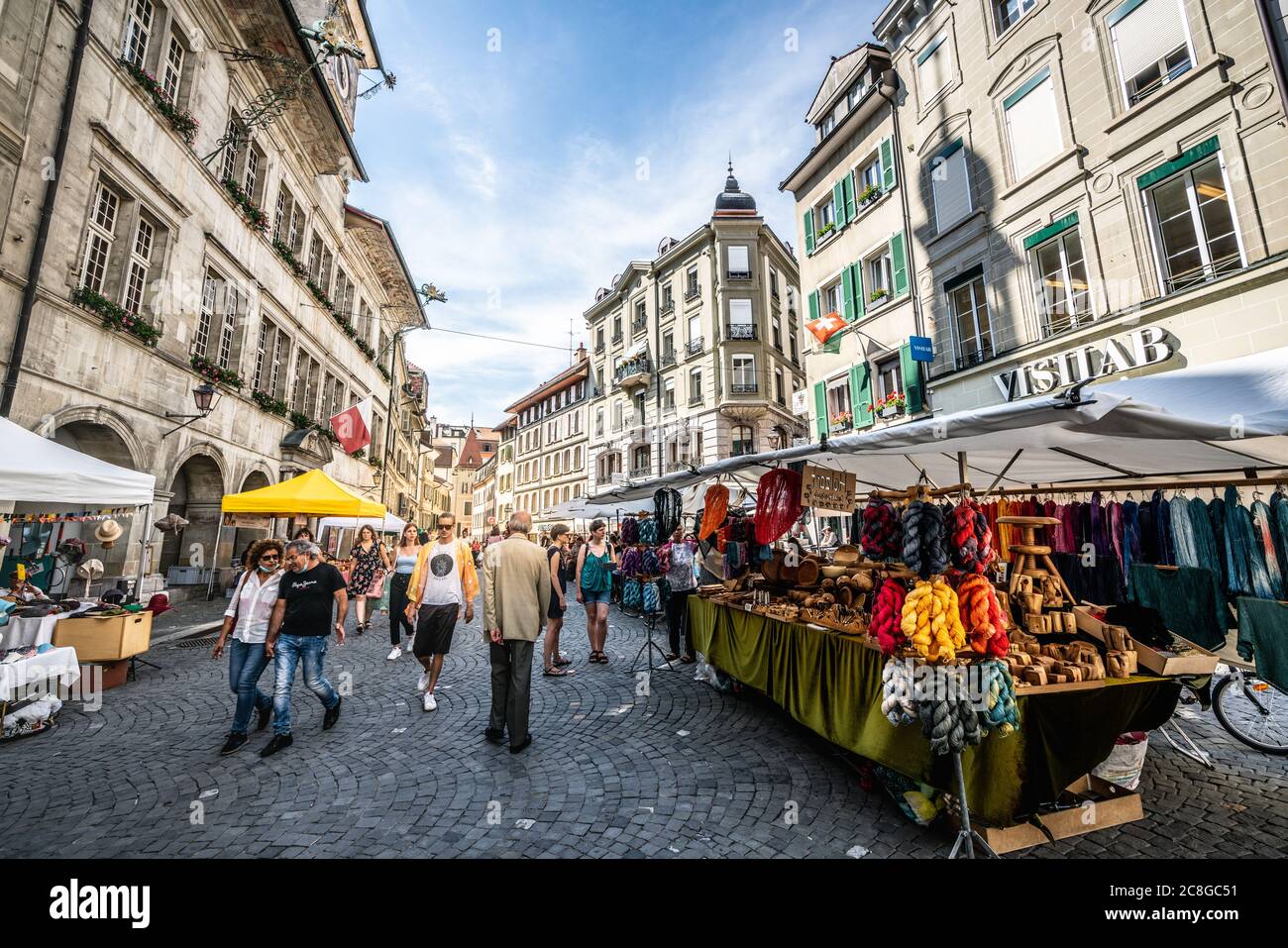 Lausanne Switzerland , 26 June 2020 : People at creative artisans market on Place de la Palud or Palud square in Lausanne Vaud Switzerland Stock Photo