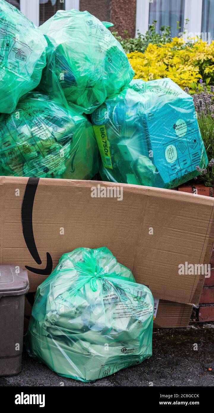 Recycled rubbish, Amazon packaging, outside a house waiting for collection, Cardiff, Wales Stock