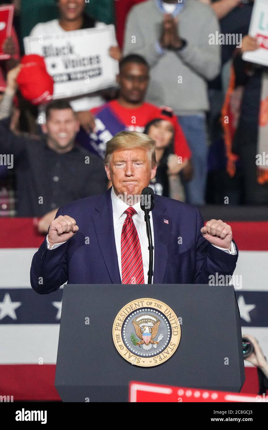 U.S. President Donald Trump addresses supporters at the Keep America Great Rally in the North Charleston Coliseum February 28 2020 in North Charleston, South Carolina. Stock Photo