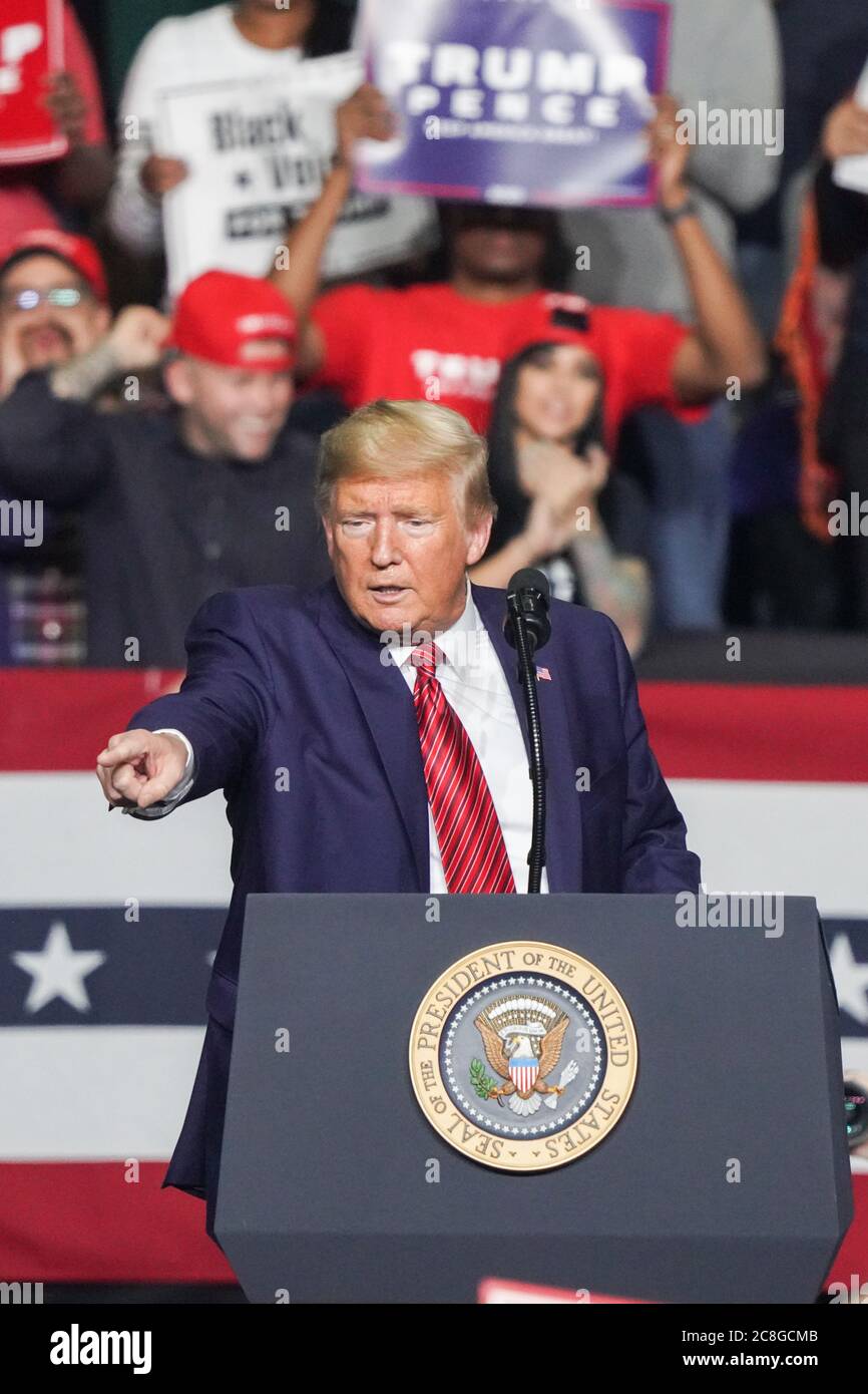 U.S. President Donald Trump addresses supporters at the Keep America Great Rally in the North Charleston Coliseum February 28 2020 in North Charleston, South Carolina. Stock Photo